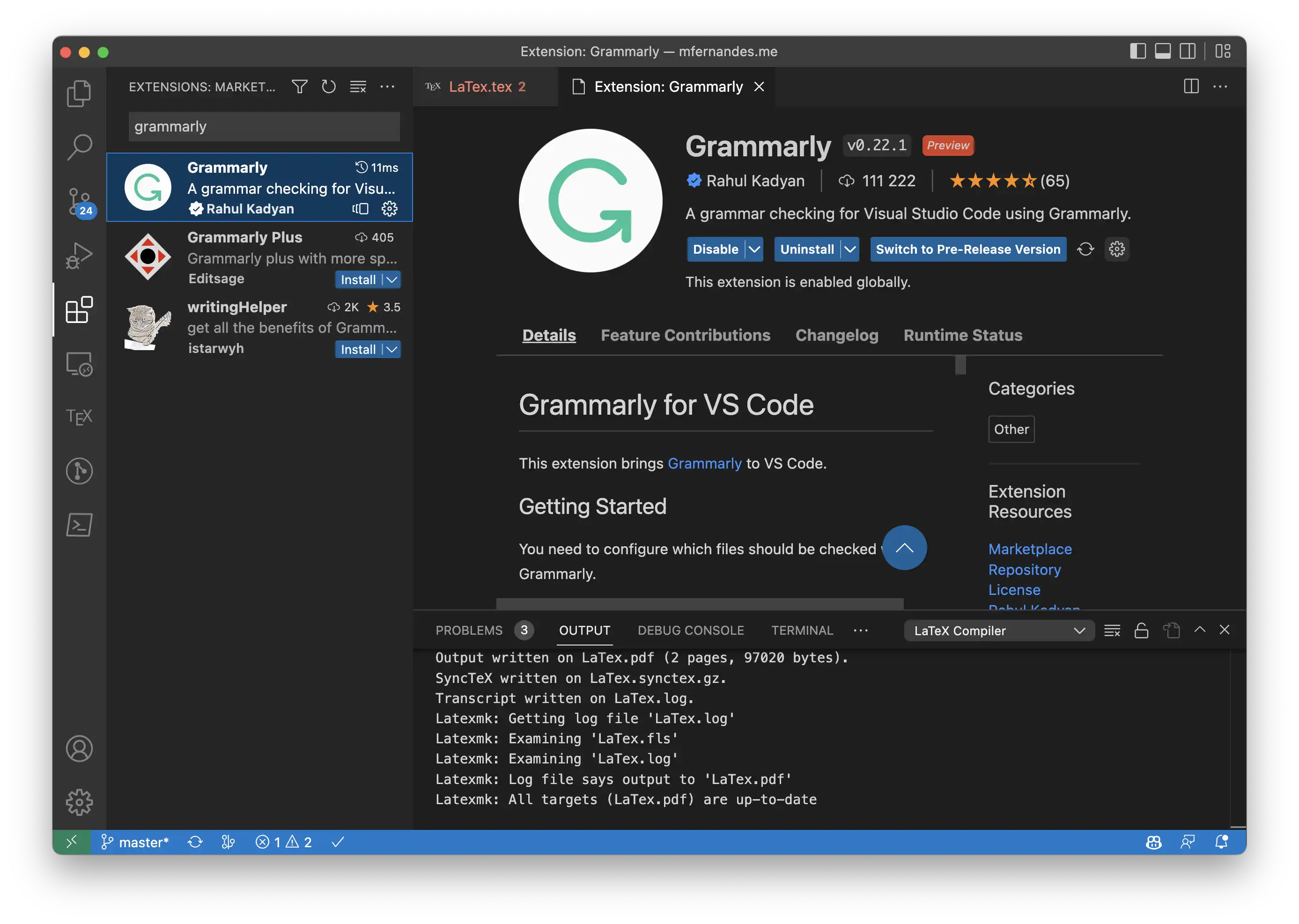 Grammarly extension in VS Code Marketplace
