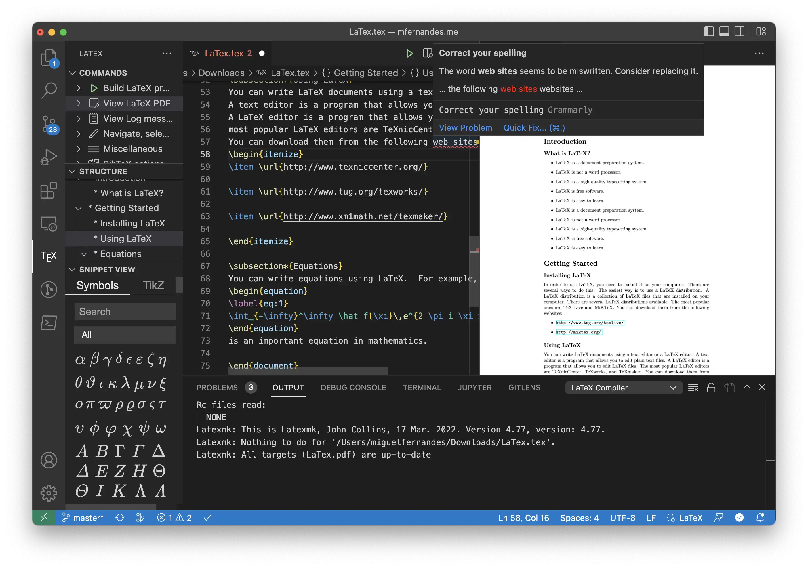 Grammarly working in LaTeX file